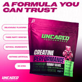 Uncaged Performance Creatine Gummies on a gym bench