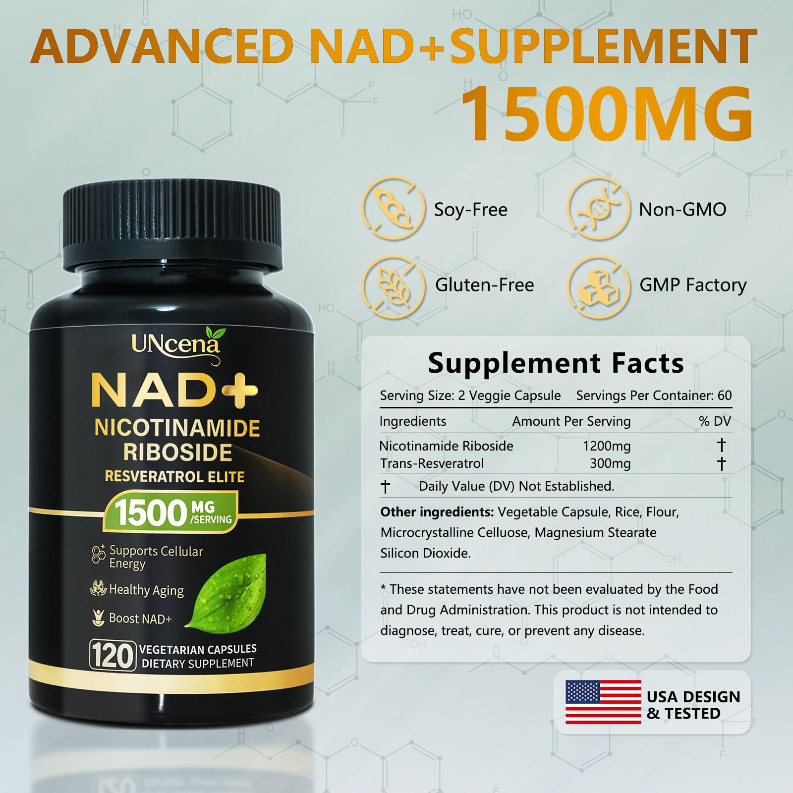 UNcena Liposomal NAD Supplement 1500mg on a wooden table