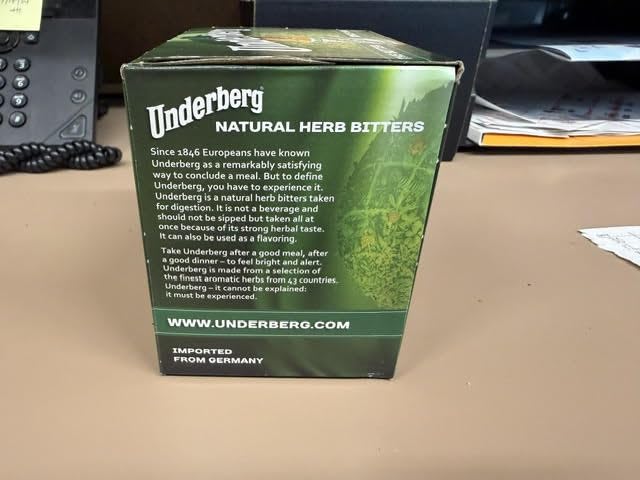 Underberg Herbal daily Bitters packaging showing 20 bottles