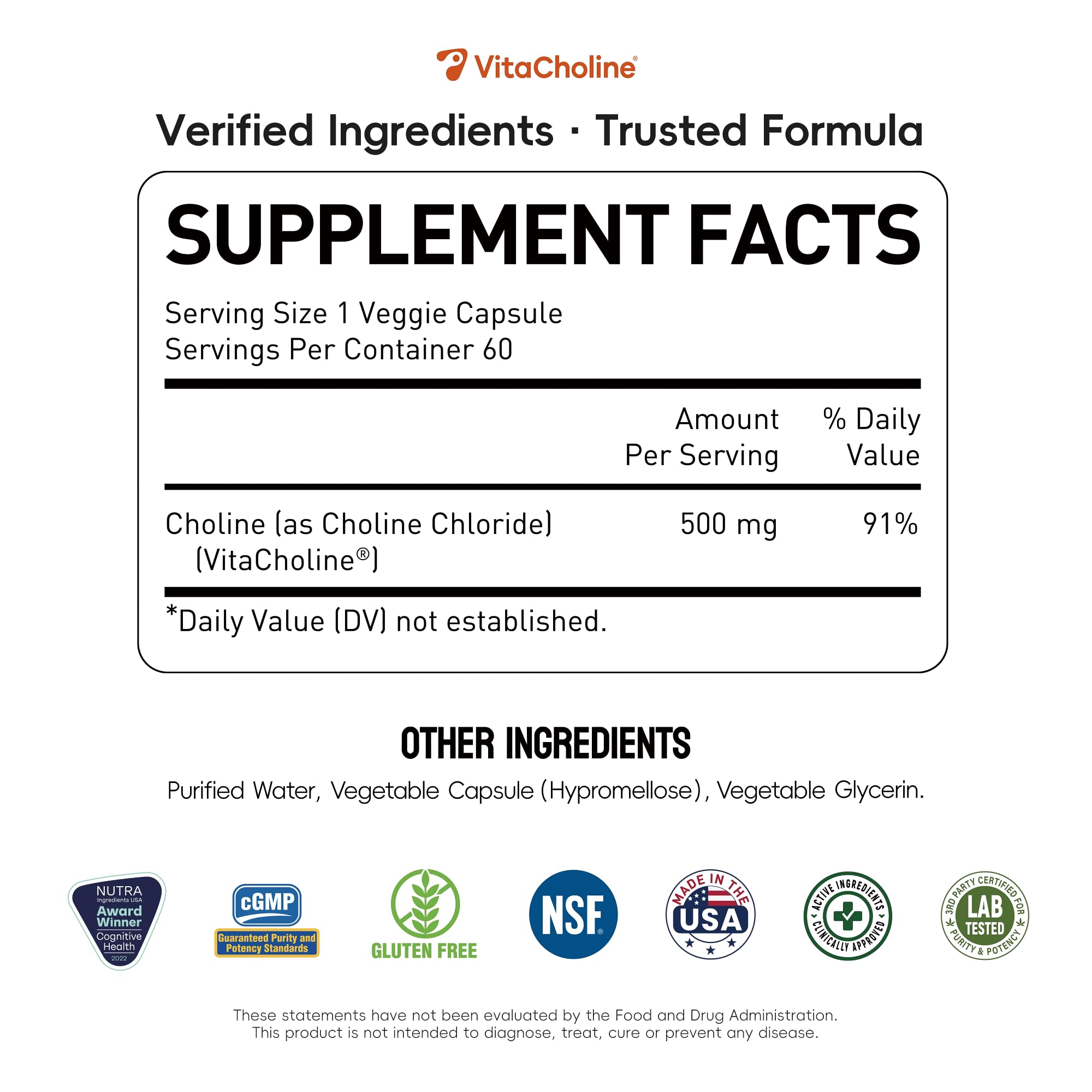 UniHealth Choline Supplement 500mg VitaCholine 60 Capsules side view