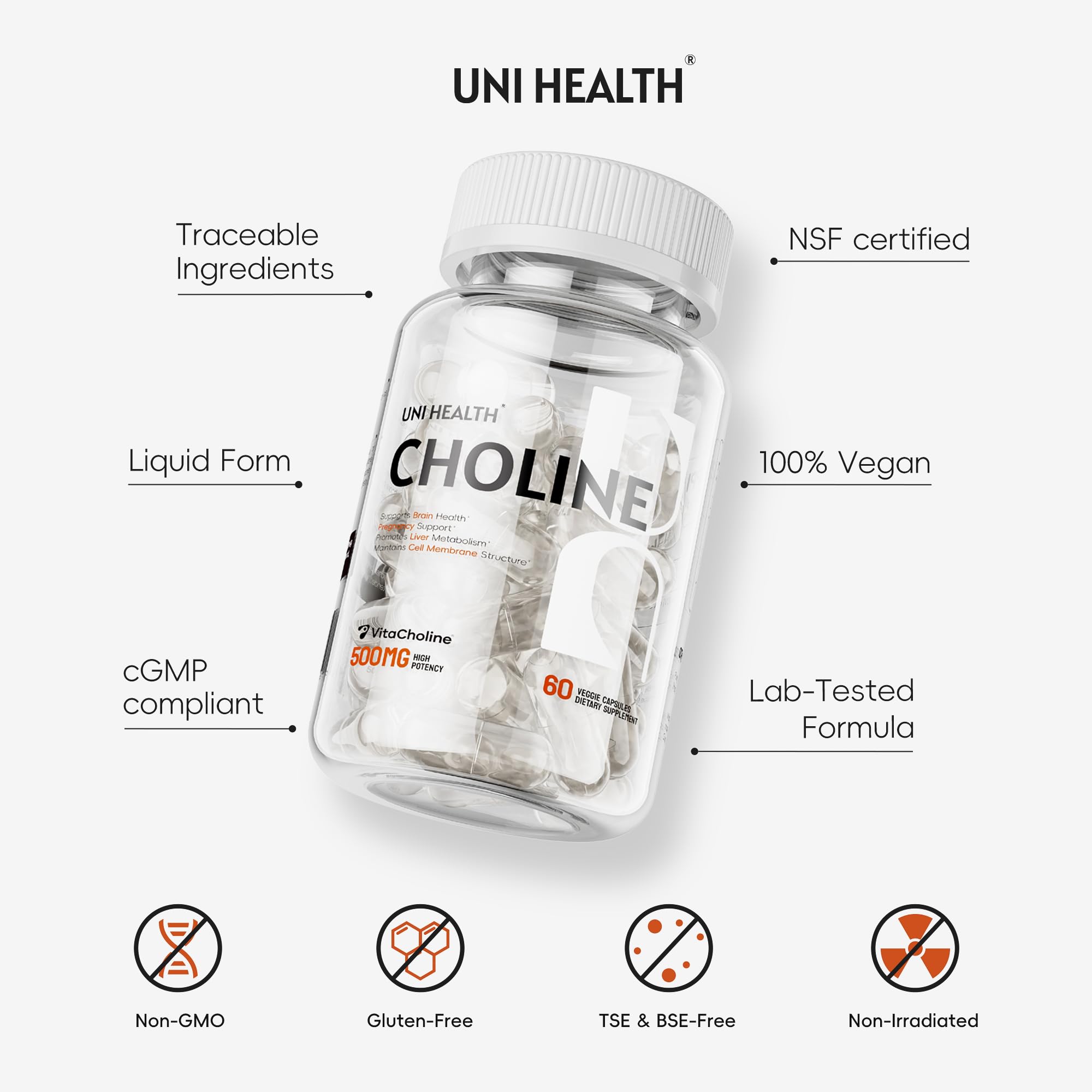 UniHealth Choline Supplement 500mg VitaCholine capsules on a table