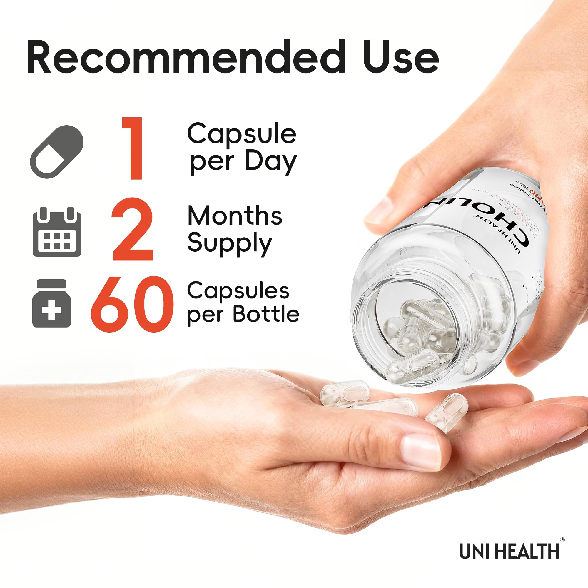 UniHealth Choline Supplement 500mg VitaCholine capsules with a measuring spoon