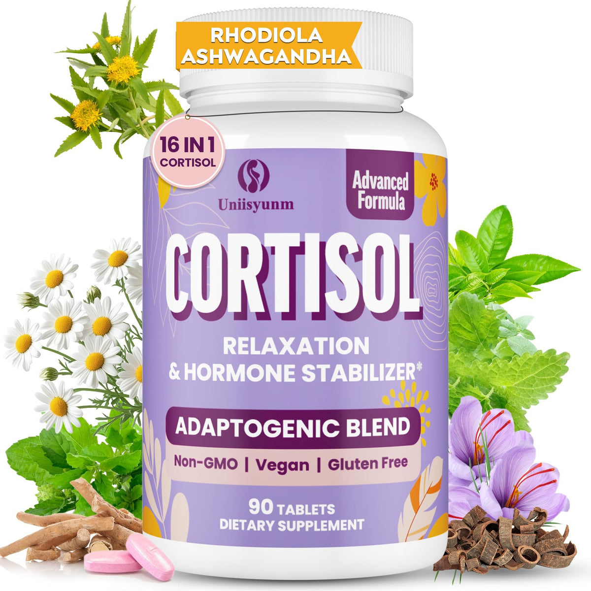 Uniisyunm Ashwagandha 16-IN-1 Extra Strength Cortisol Supplements front view