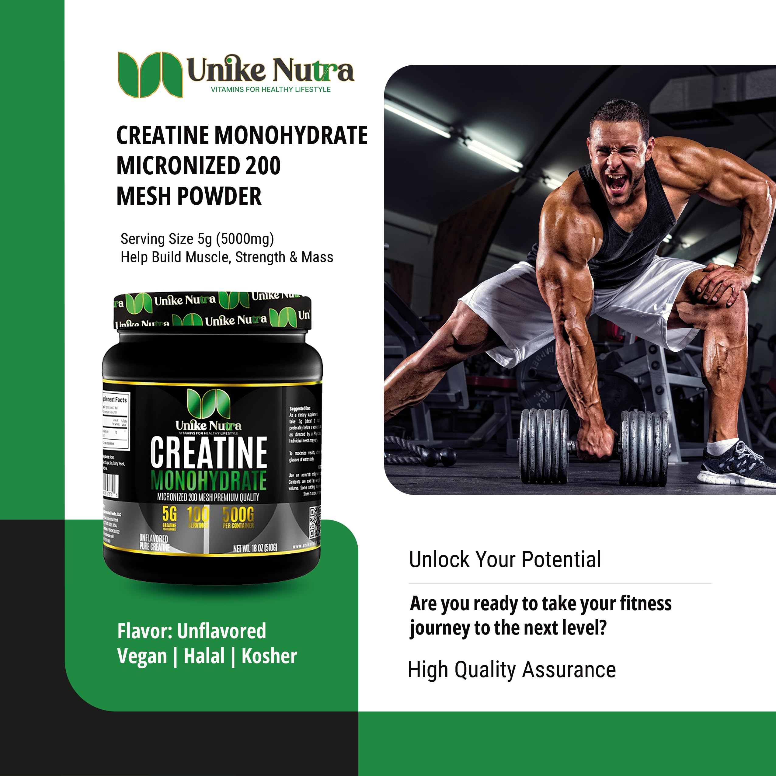 Unike Nutra Micronized Creatine Monohydrate Powder 500g back view