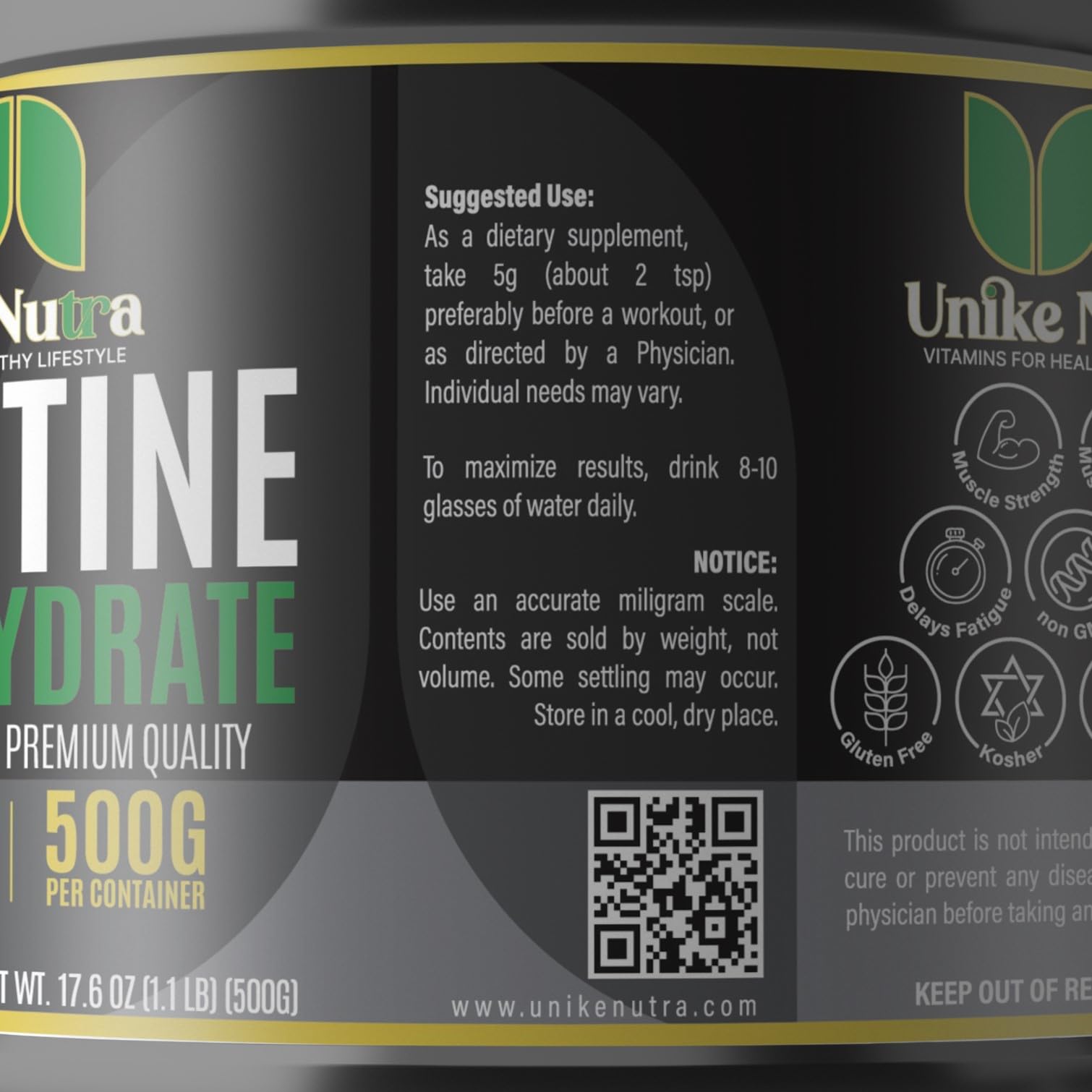 Unike Nutra Micronized Creatine Monohydrate Powder 500g in a gym setting
