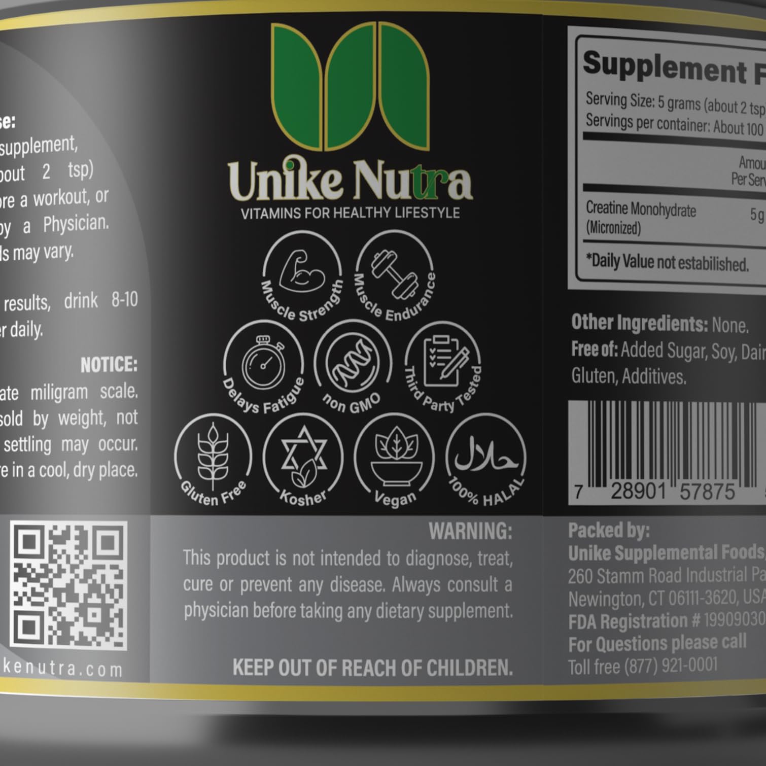 Unike Nutra Micronized Creatine Monohydrate Powder 500g nutritional information