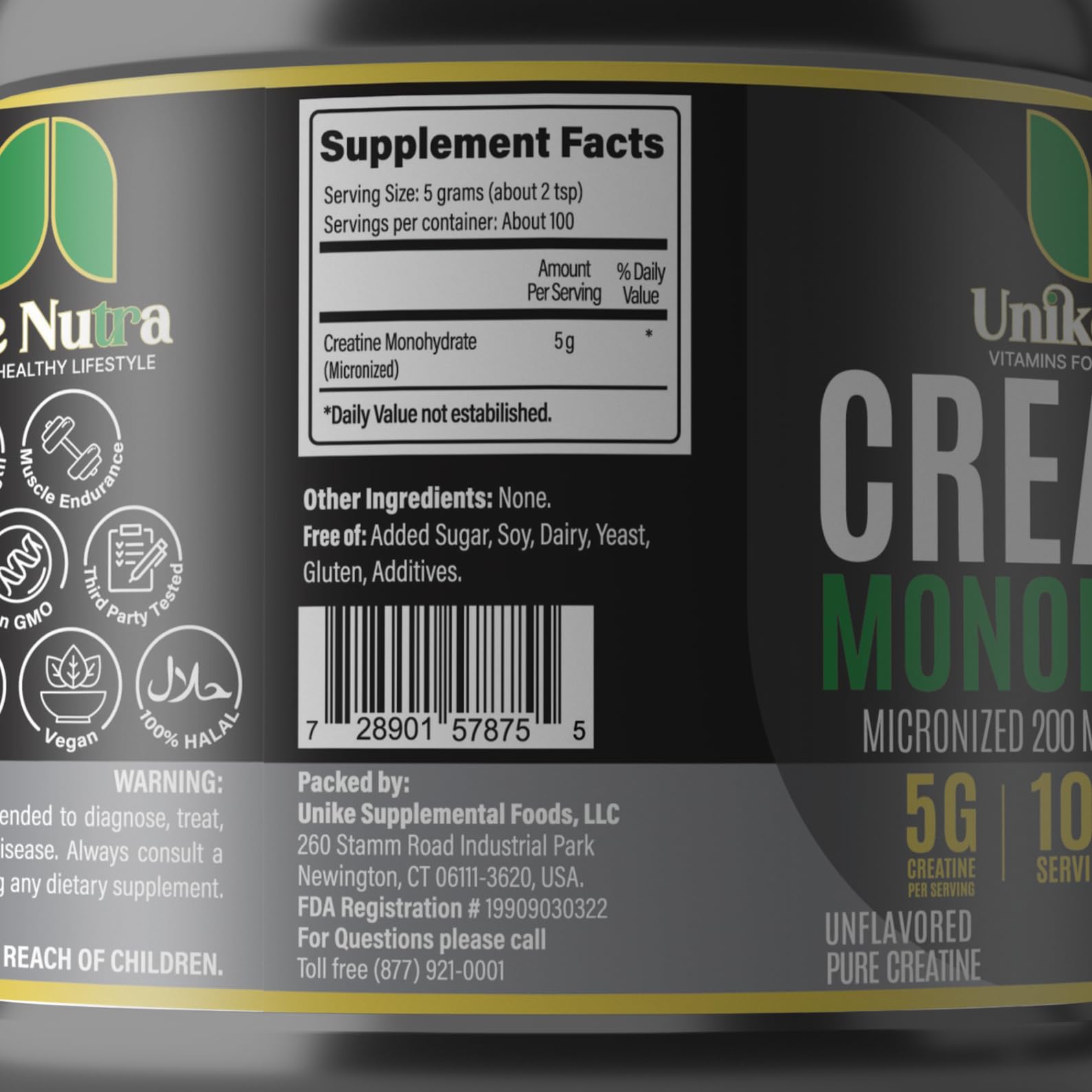 Unike Nutra Micronized Creatine Monohydrate Powder 500g packaging