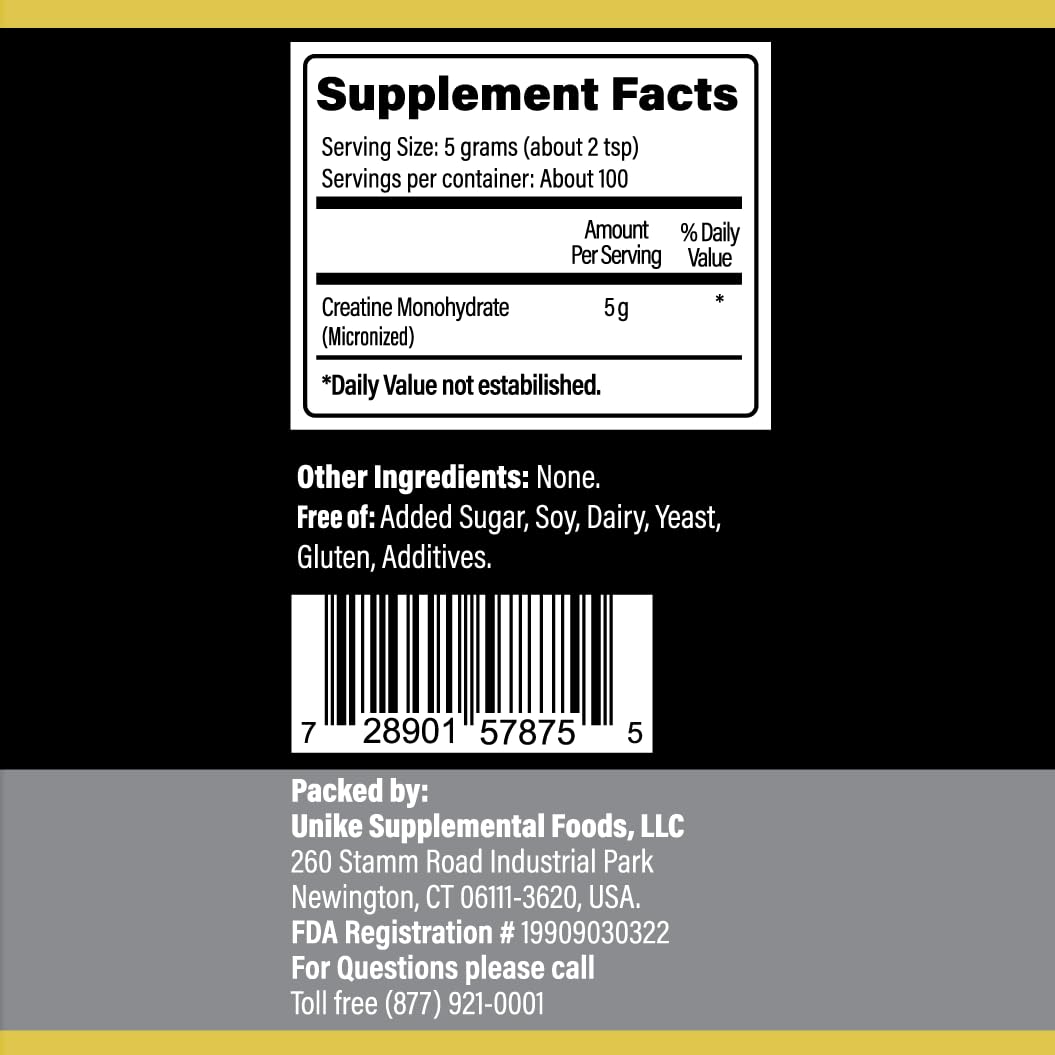 Unike Nutra Micronized Creatine Monohydrate Powder 500g scoop