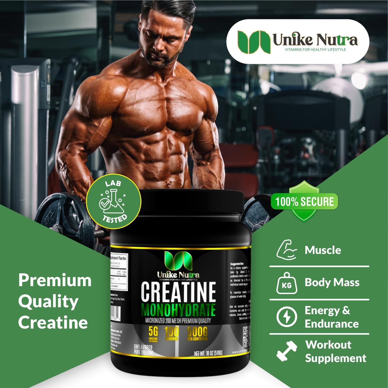 Unike Nutra Micronized Creatine Monohydrate Powder 500g side view