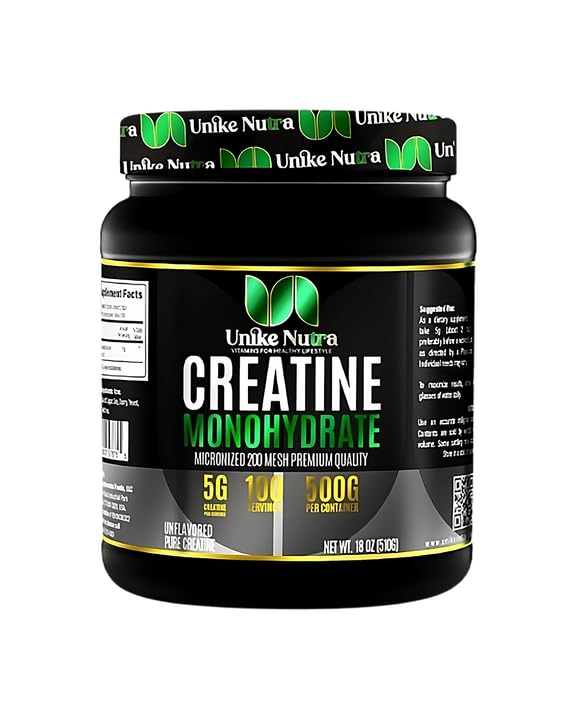 Unike Nutra Micronized Creatine Monohydrate Powder 500g with measuring spoon