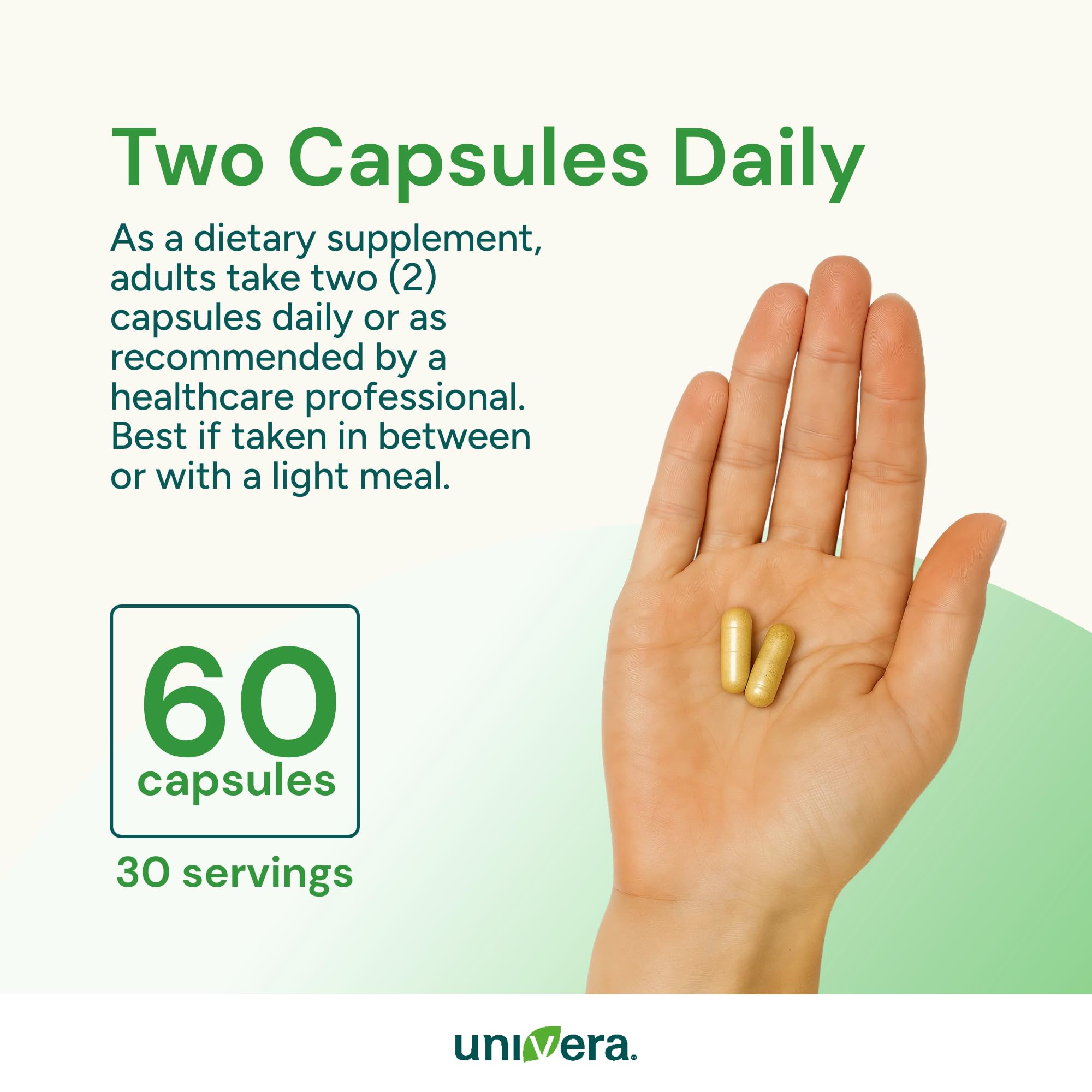 Univera Probiotics & Prebiotics capsules in a clear glass