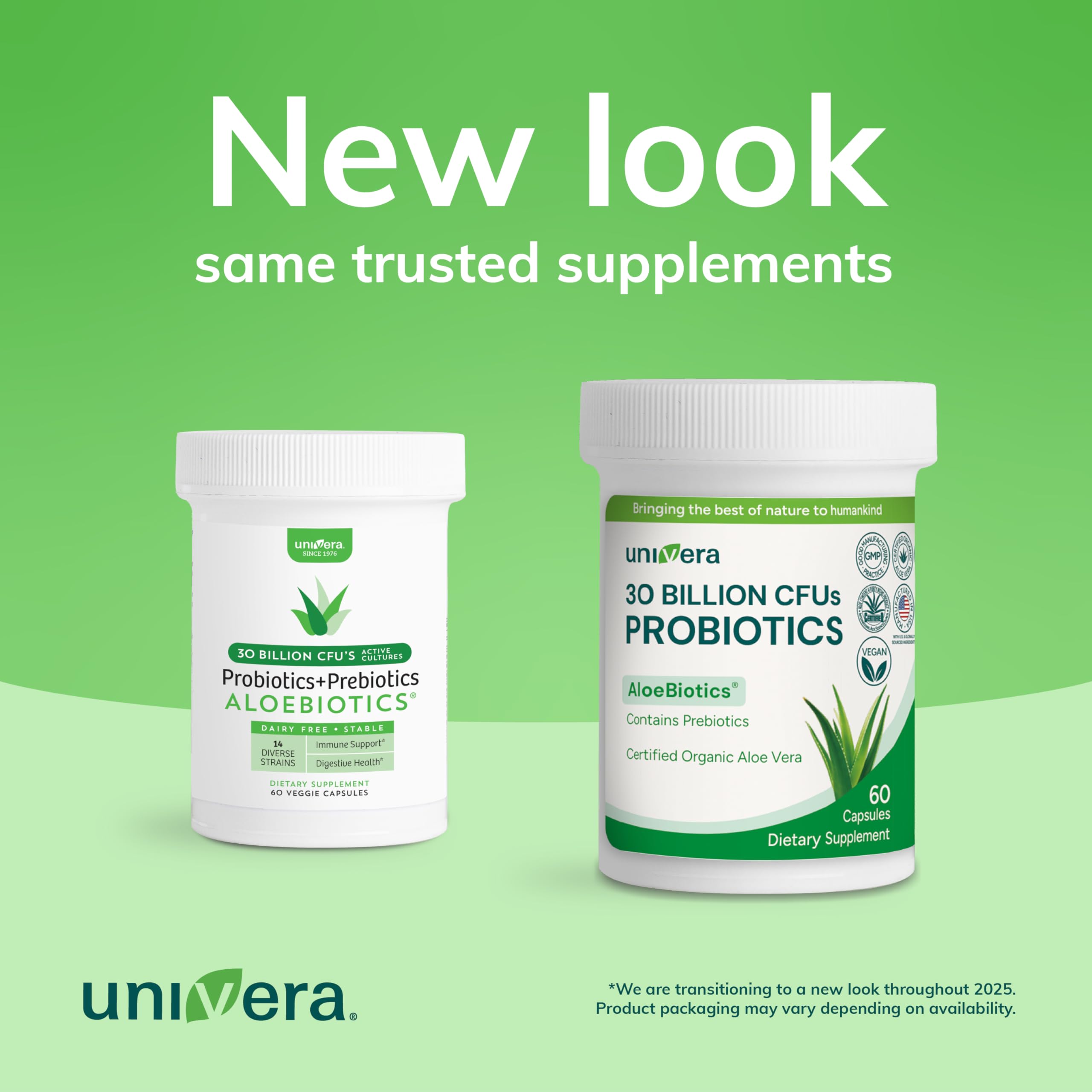 Univera Probiotics & Prebiotics capsules on a wooden surface