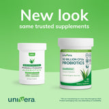 Univera Probiotics & Prebiotics capsules on a wooden surface