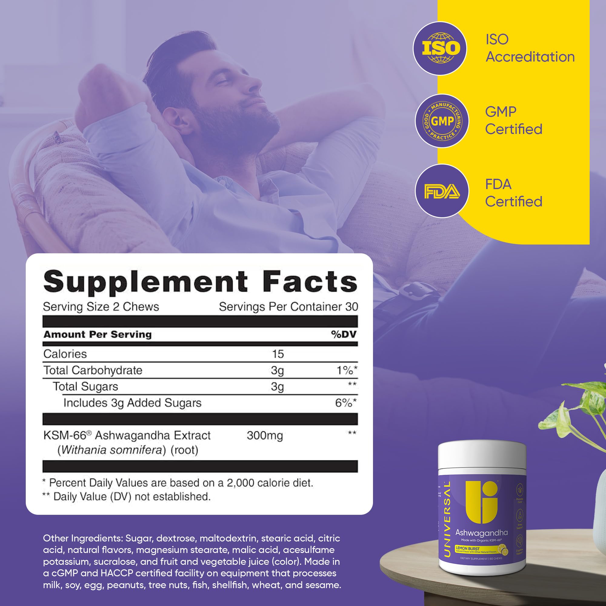 Universal U Ashwagandha Chews Lemon Burst ingredients list
