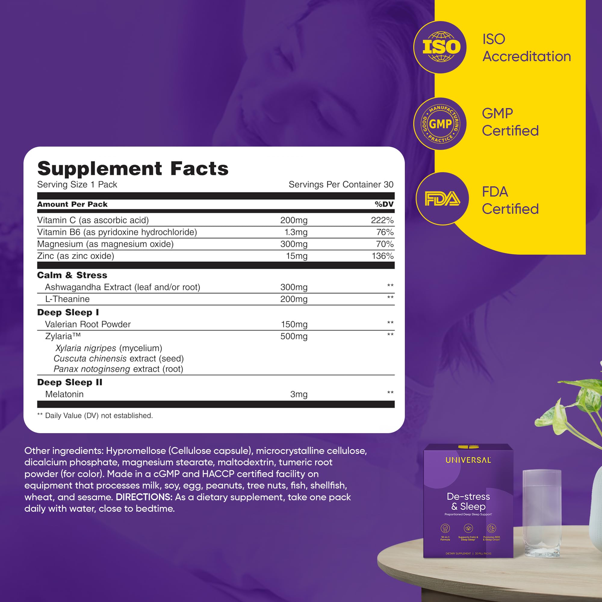 Universal U De-Stress & Deep Sleeping Supplement back view with nutritional info