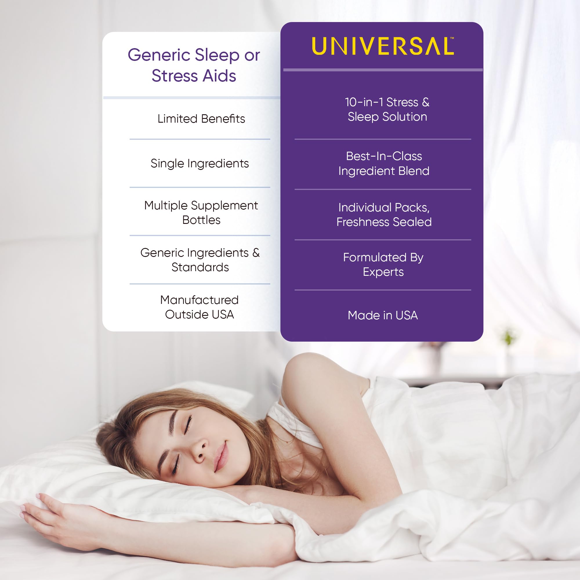 Universal U De-Stress & Deep Sleeping Supplement in a lifestyle setting