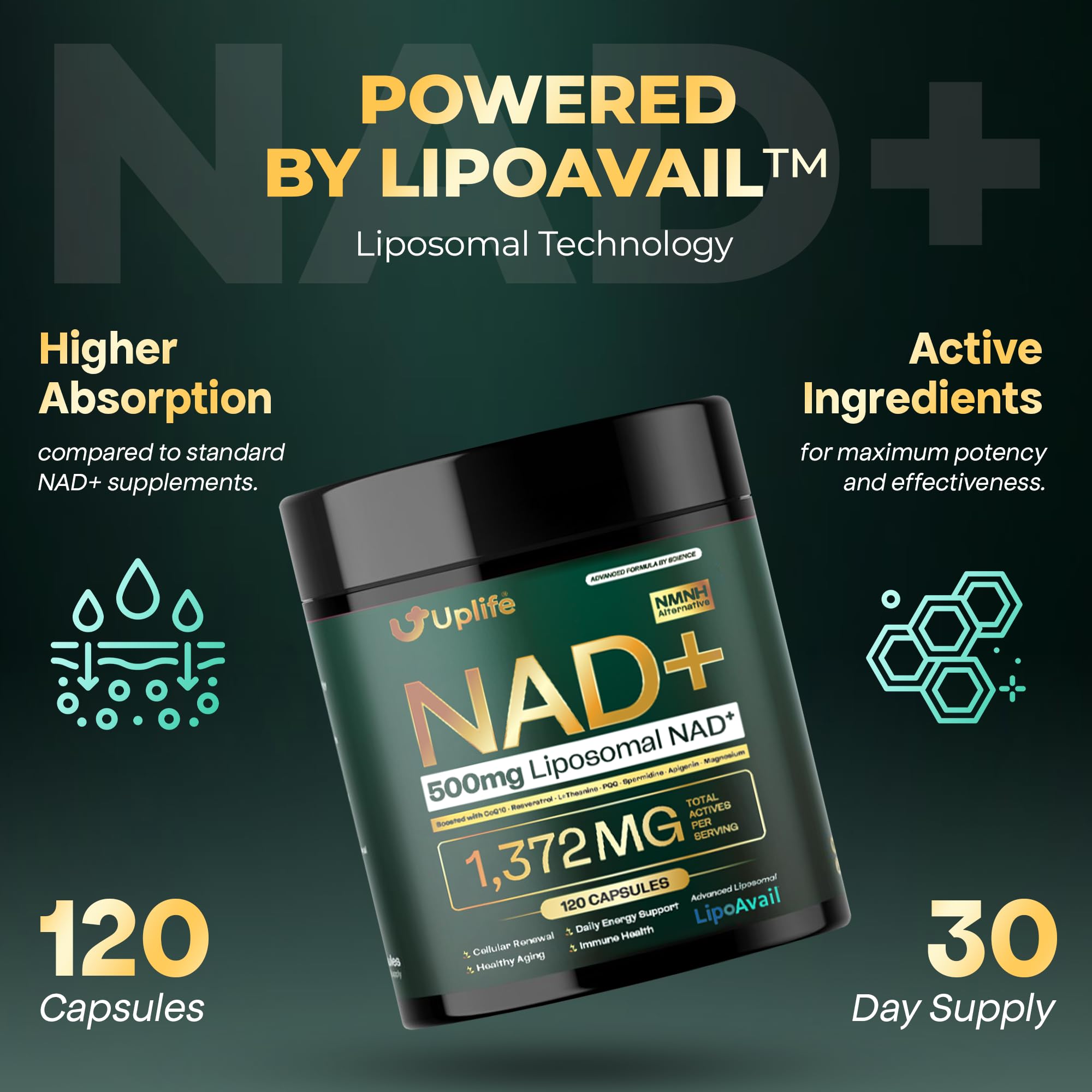UPLIFE Advanced NAD+ Complex 1372mg 24 Capsules side view