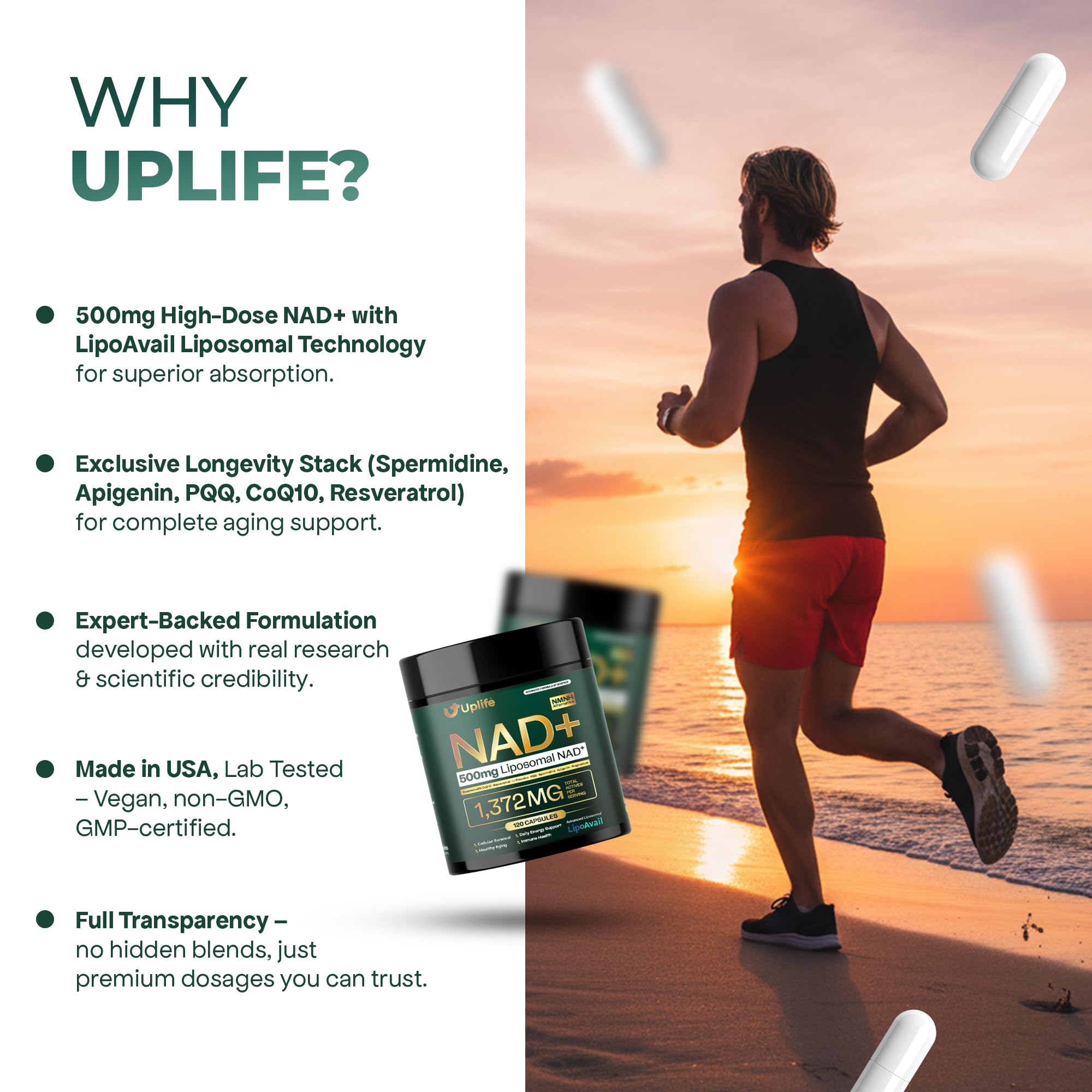 UPLIFE Advanced NAD+ Complex 1372mg capsules with a measuring spoon