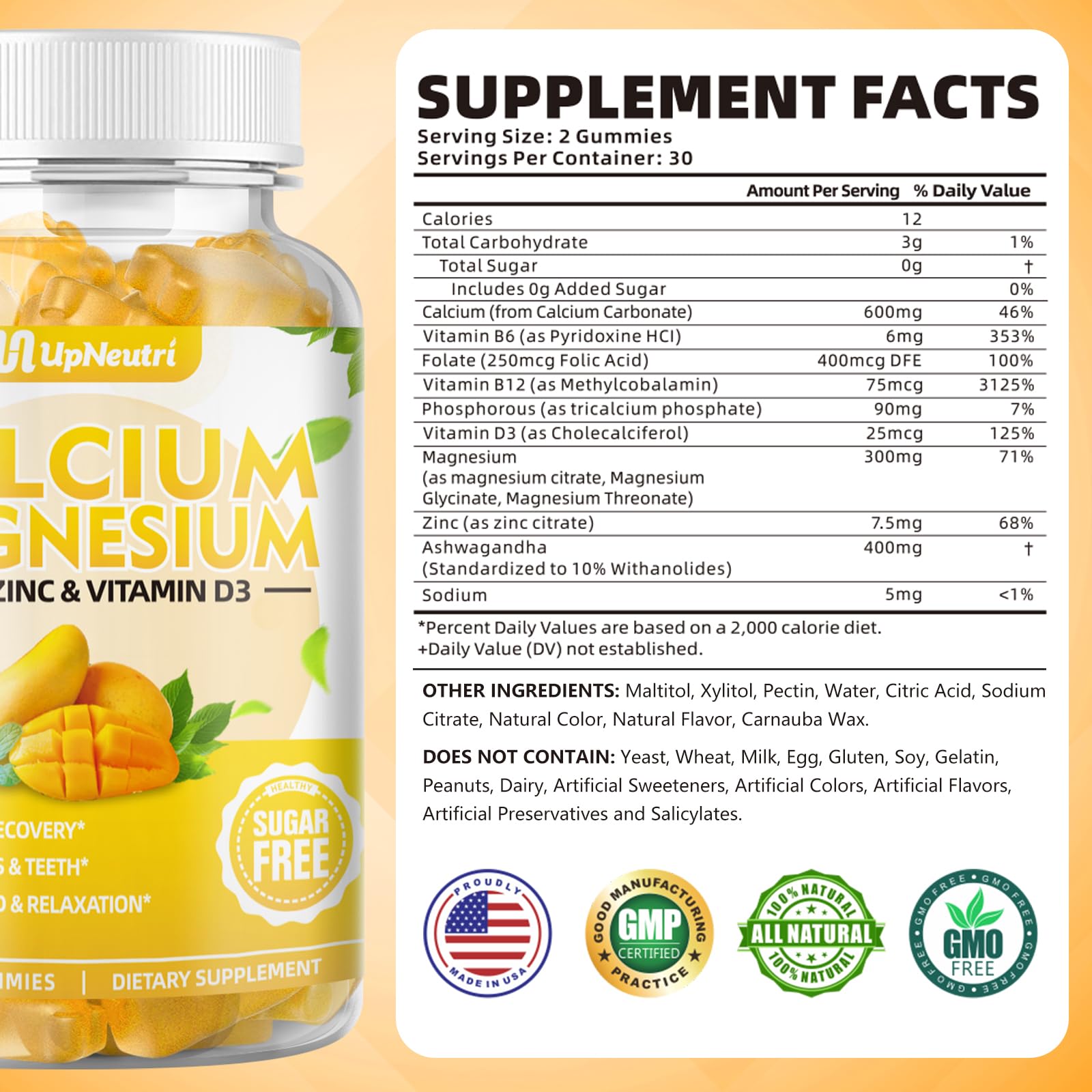 UPNEUTRI Calcium Magnesium Zinc Gummies bottle side view