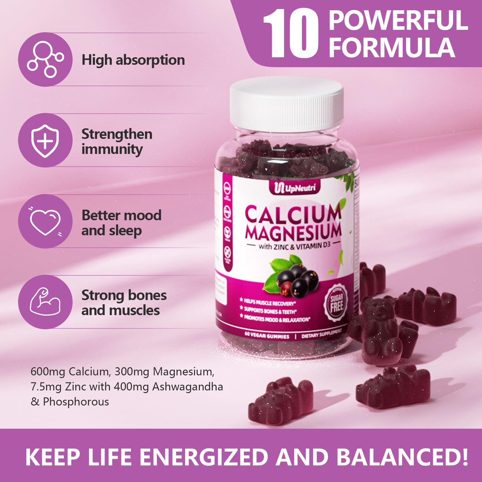 UPNEUTRI Calcium Magnesium Zinc Gummies on a wooden table