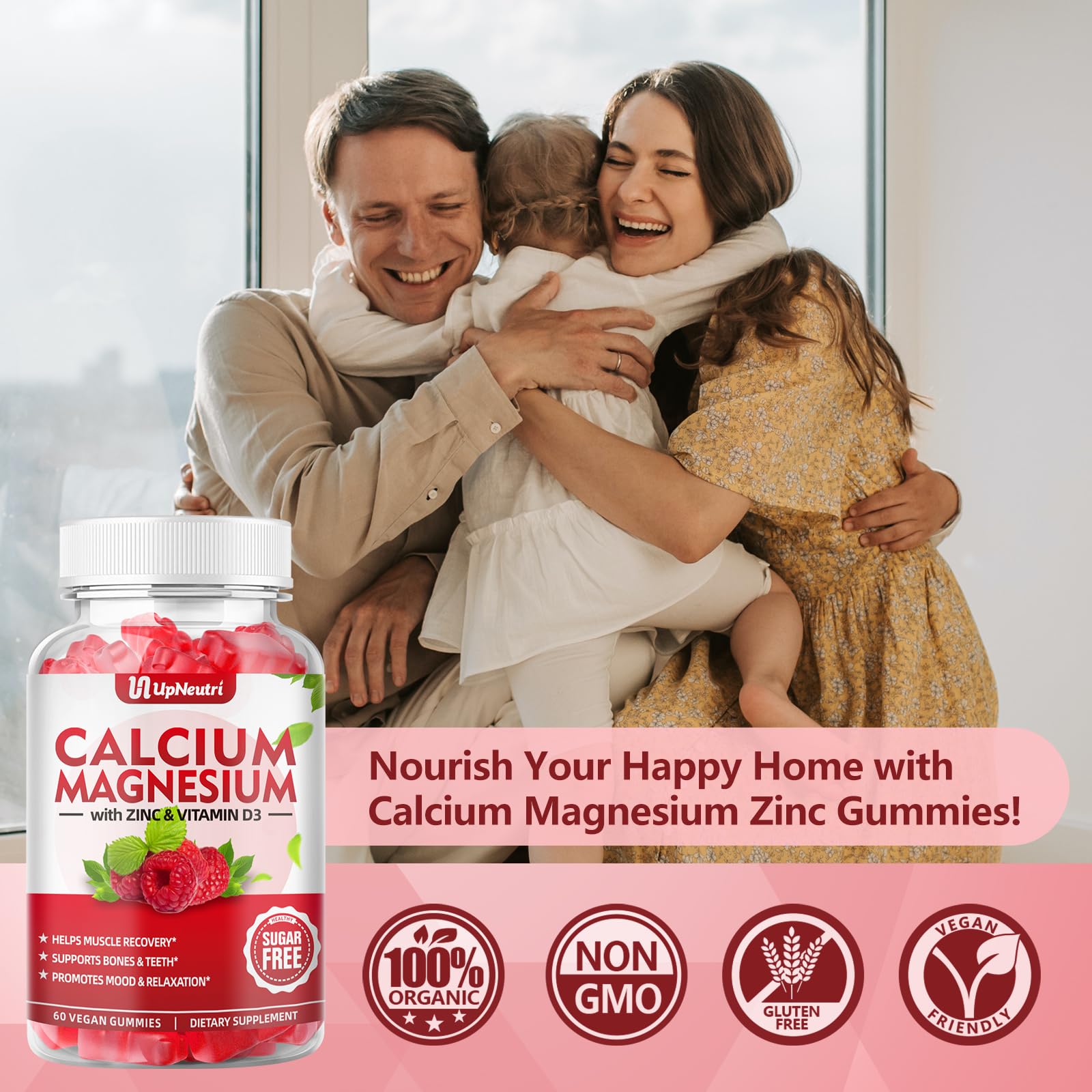 UPNEUTRI Calcium Magnesium Zinc Gummies on a wooden table