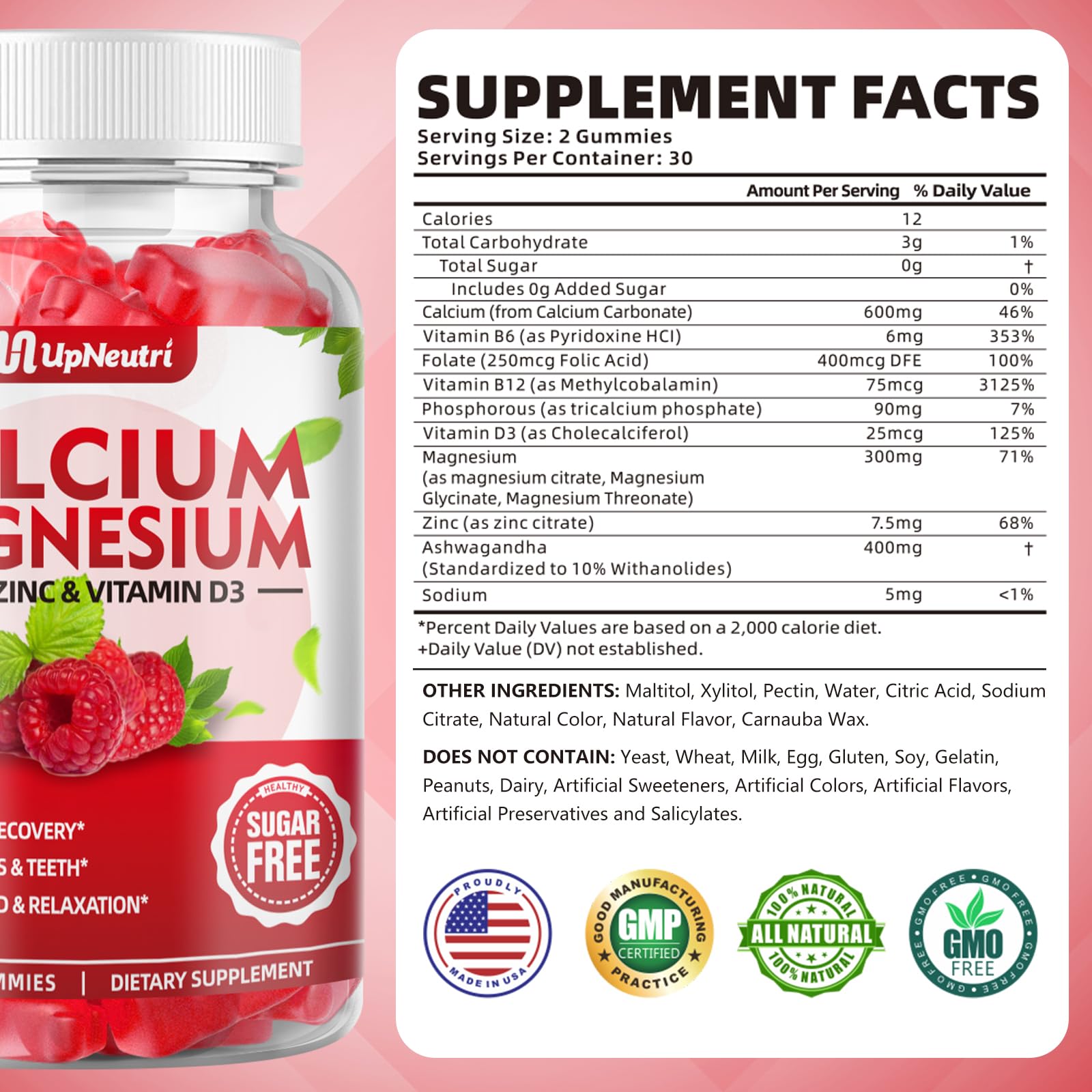 UPNEUTRI Calcium Magnesium Zinc Gummies raspberry flavour