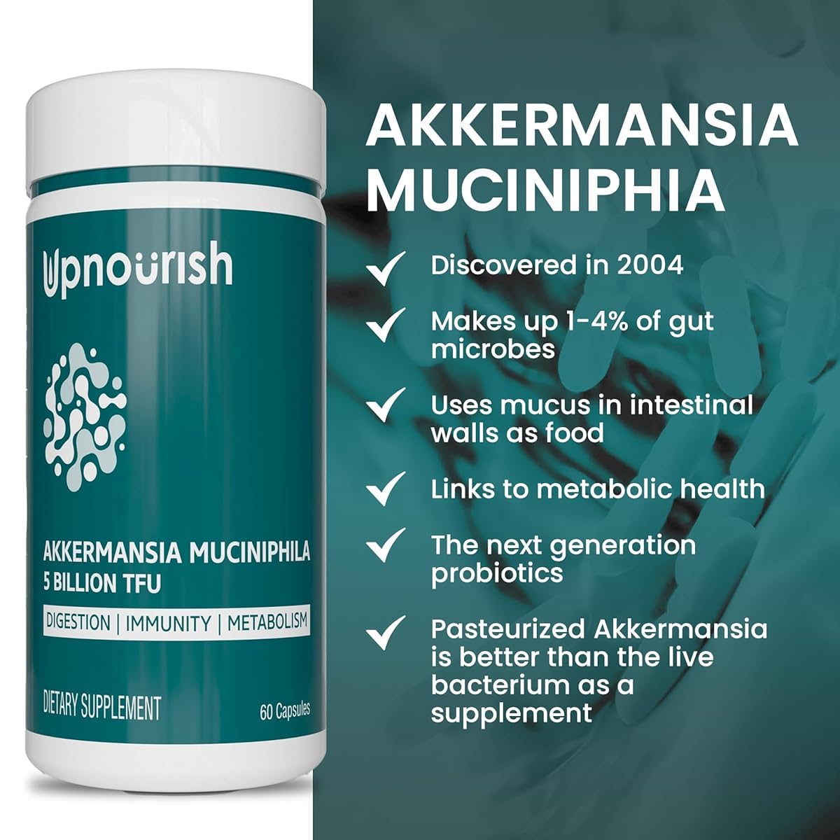UpNourish Akkermansia Muciniphila Prebiotic Supplement side view