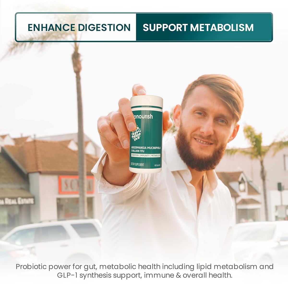UpNourish Akkermansia Muciniphila Prebiotic Supplement with a glass of water