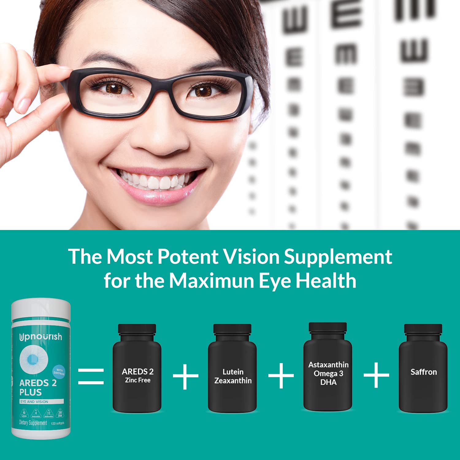UpNourish AREDS 2 Plus Eye Vitamins alongside a glass of water