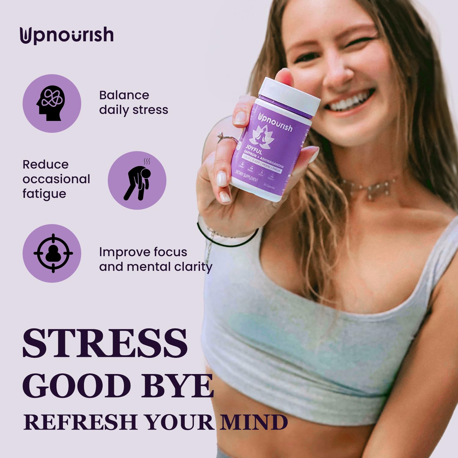 UpNourish Ashwagandha Supplement 60g with lifestyle background