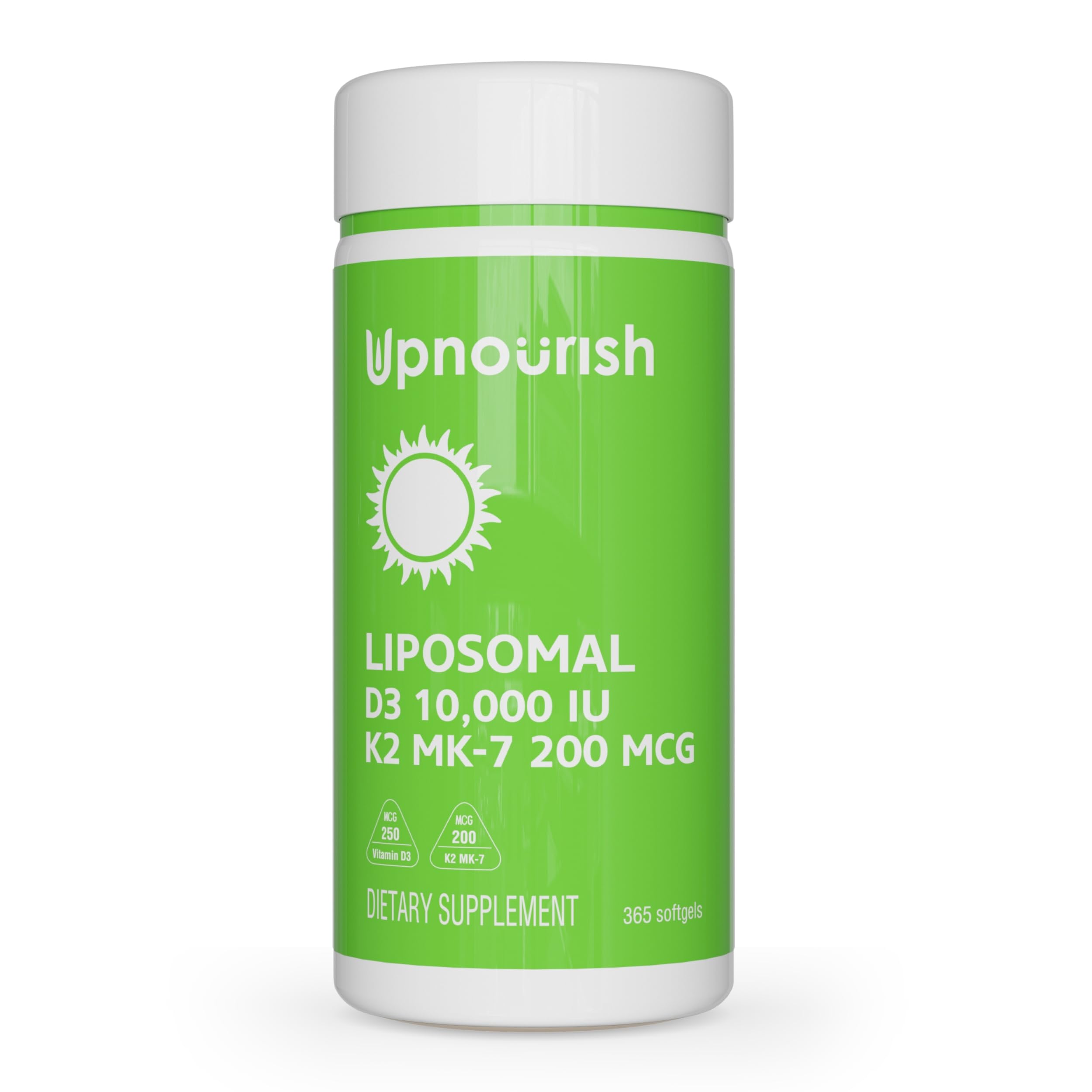 UpNourish Liposomal Vitamin D3 K2 10000IU 200mcg softgel bottle front view