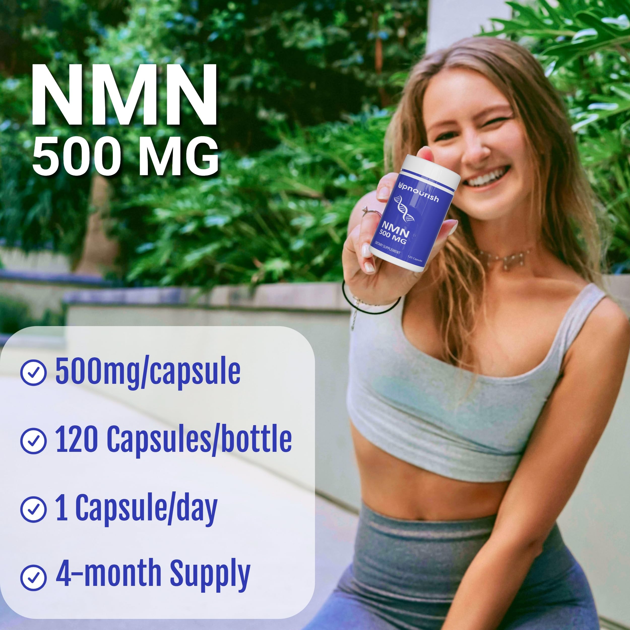 UpNourish NAD+ support 500mg NMN supplement bottle with label