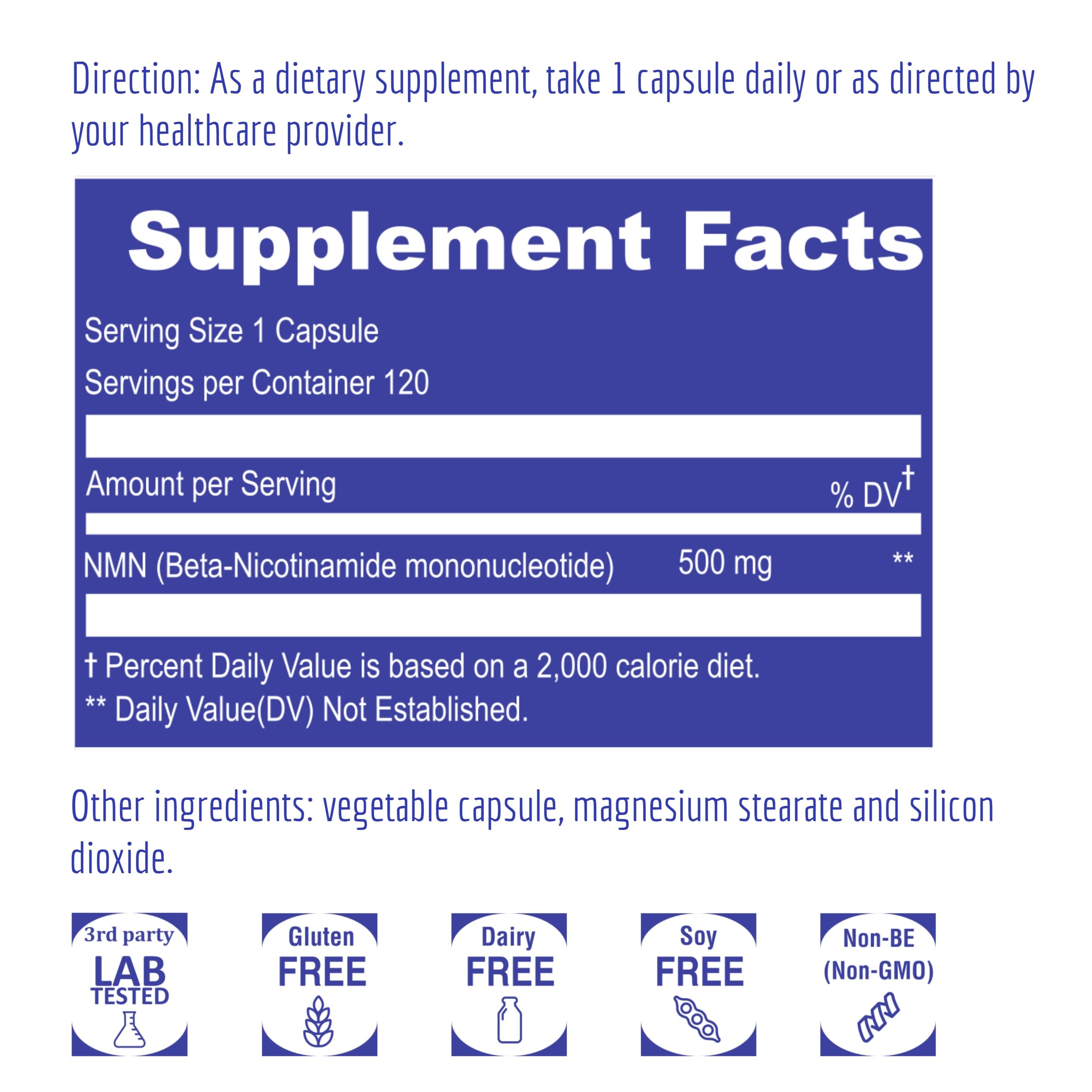 UpNourish NAD+ support 500mg NMN supplement capsules on a table