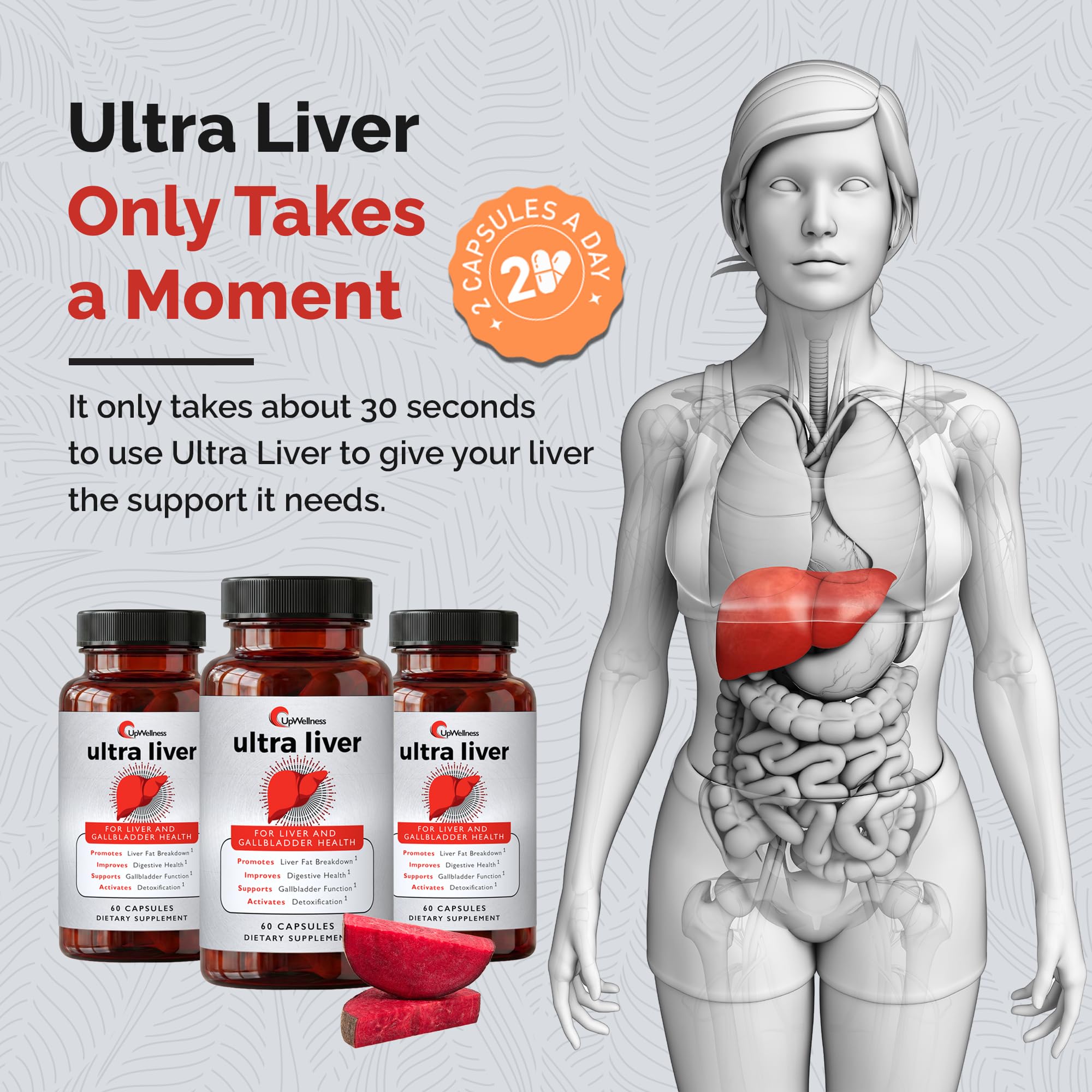 UpWellness Ultra Liver Supplement bottle with a measuring spoon
