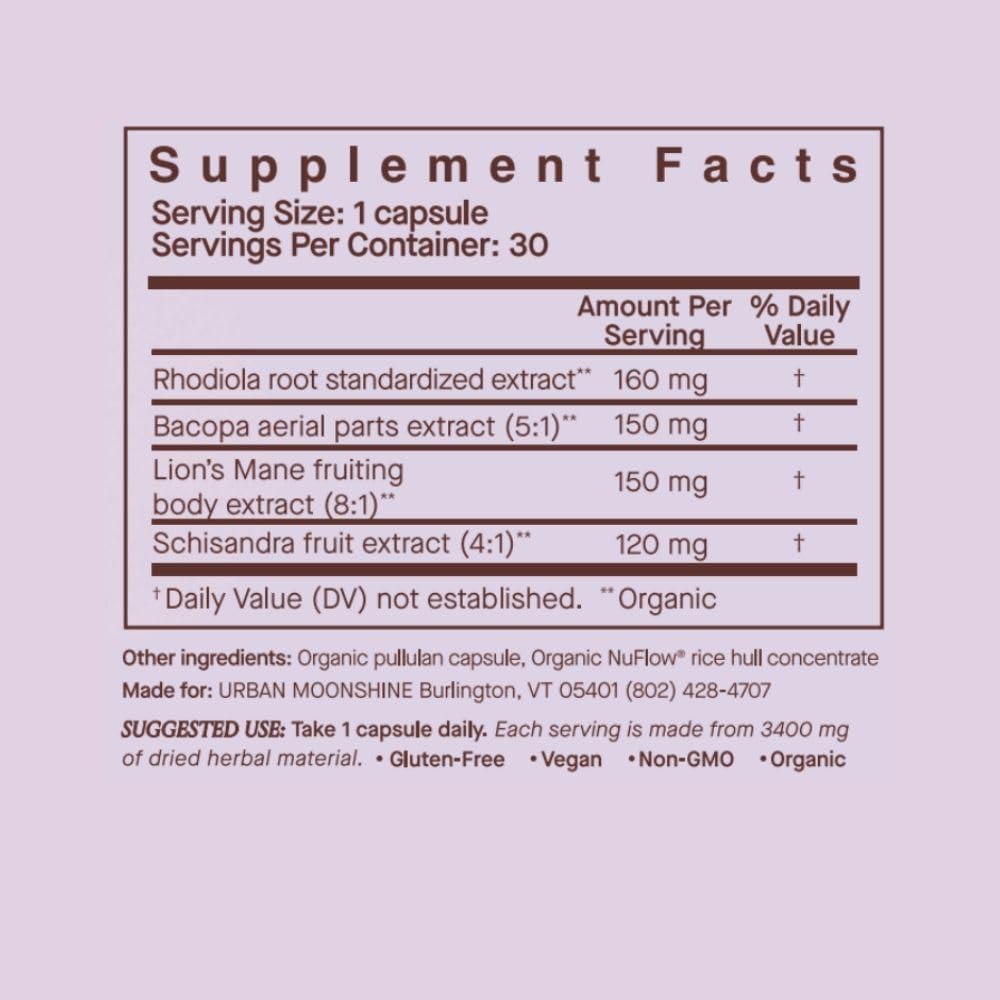 Urban Moonshine Focus Supplement capsules in a natural setting