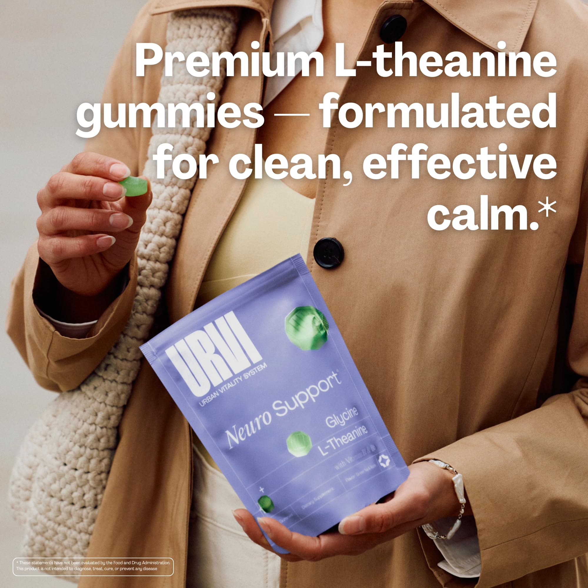 URVI L-Theanine Gummies with a green apple and tea leaves