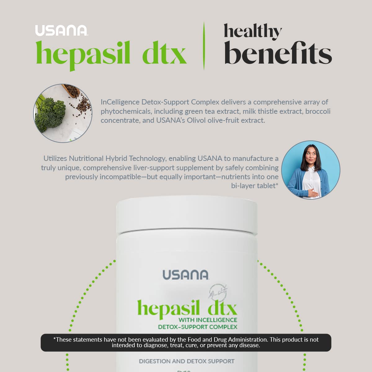 USANA Hepasil DTX supplement on a wooden table