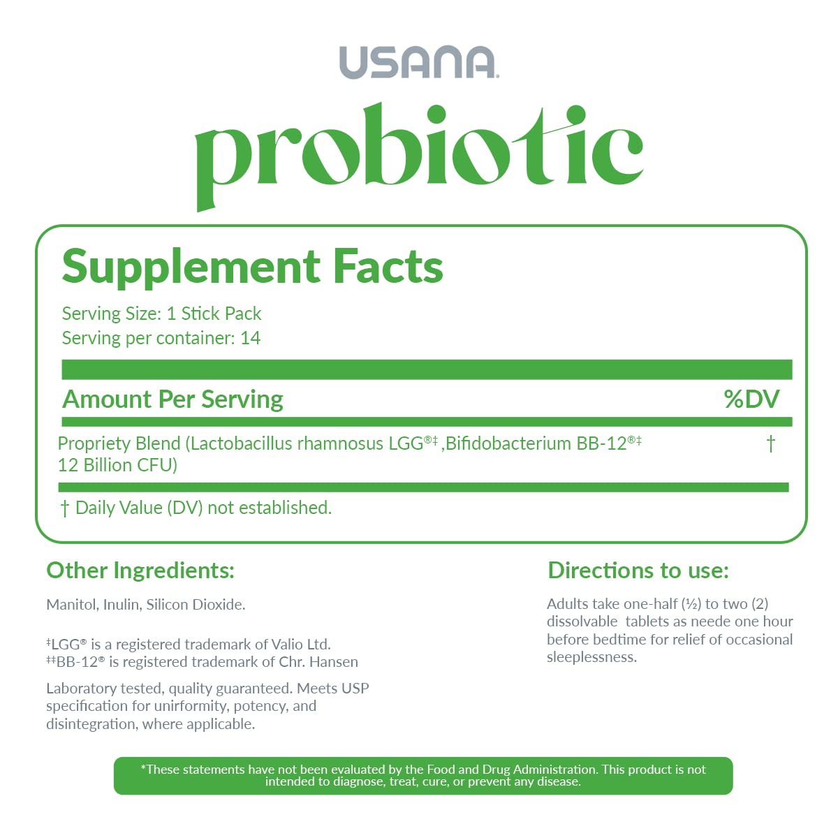 USANA Probiotic Powder Stick Pack back view showing ingredients