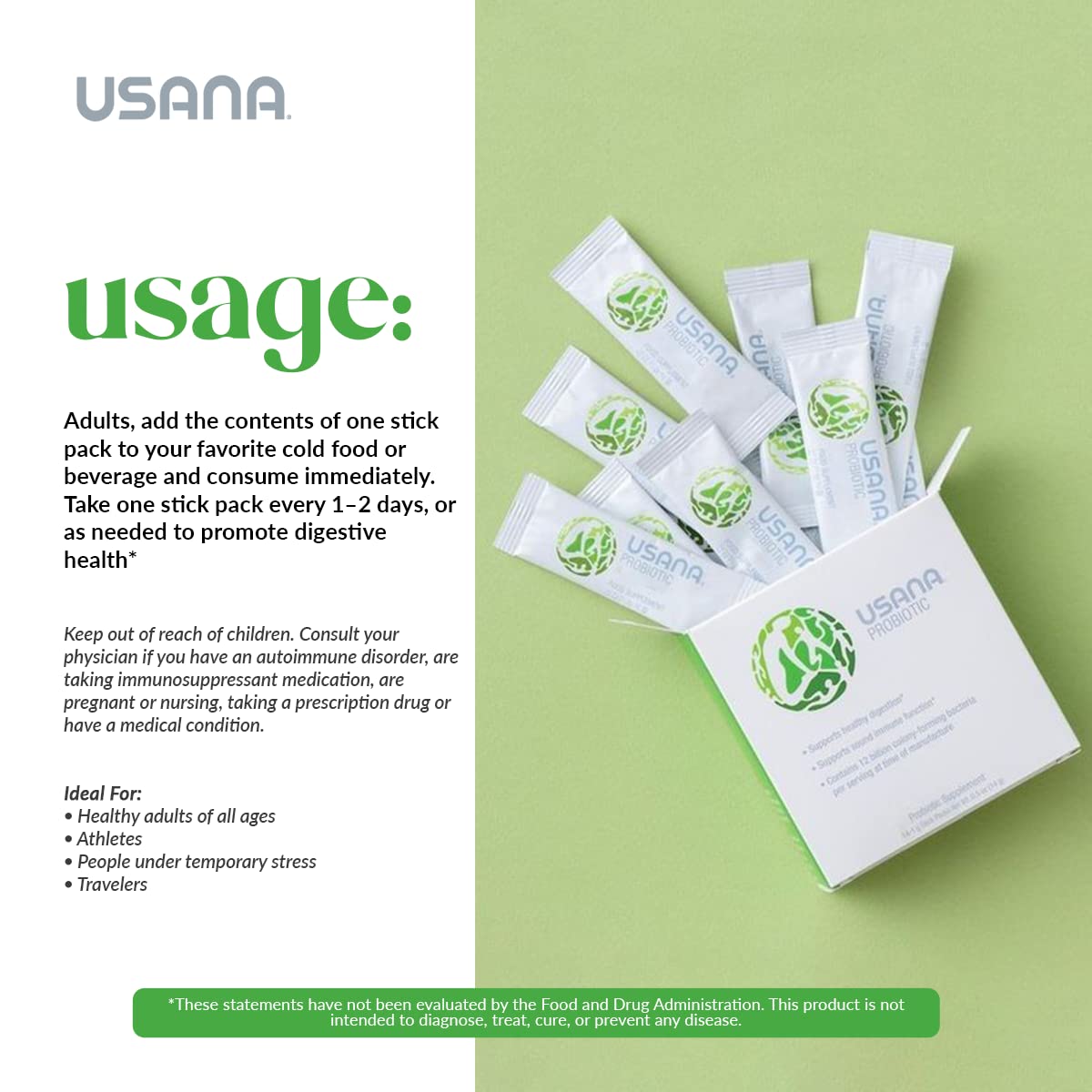 USANA Probiotic Powder Stick Pack displayed on a kitchen counter
