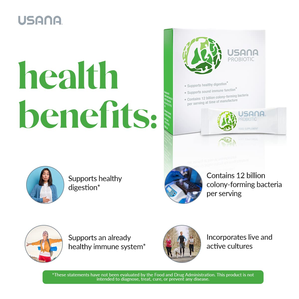 USANA Probiotic Powder Stick Pack side view with nutritional information