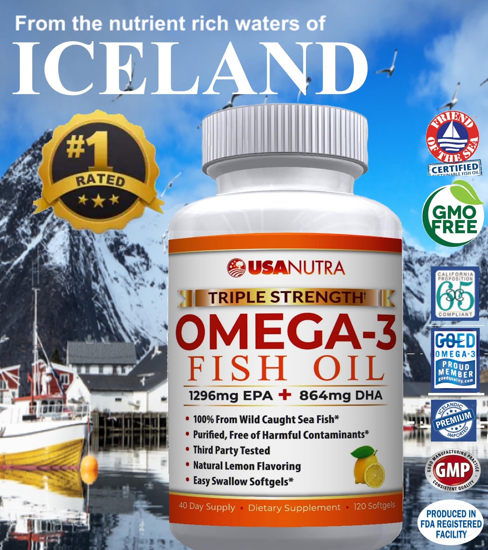 USANUTRA Fish Oil Softgels side view showing softgel size