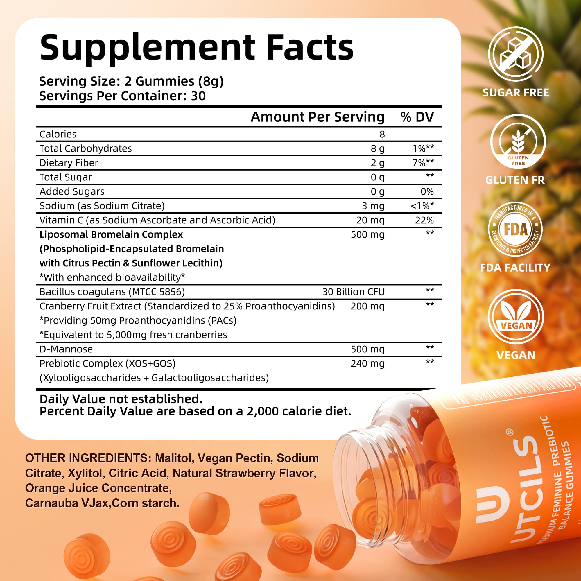 Utcils Prebiotic Gummies pineapple flavour gummies