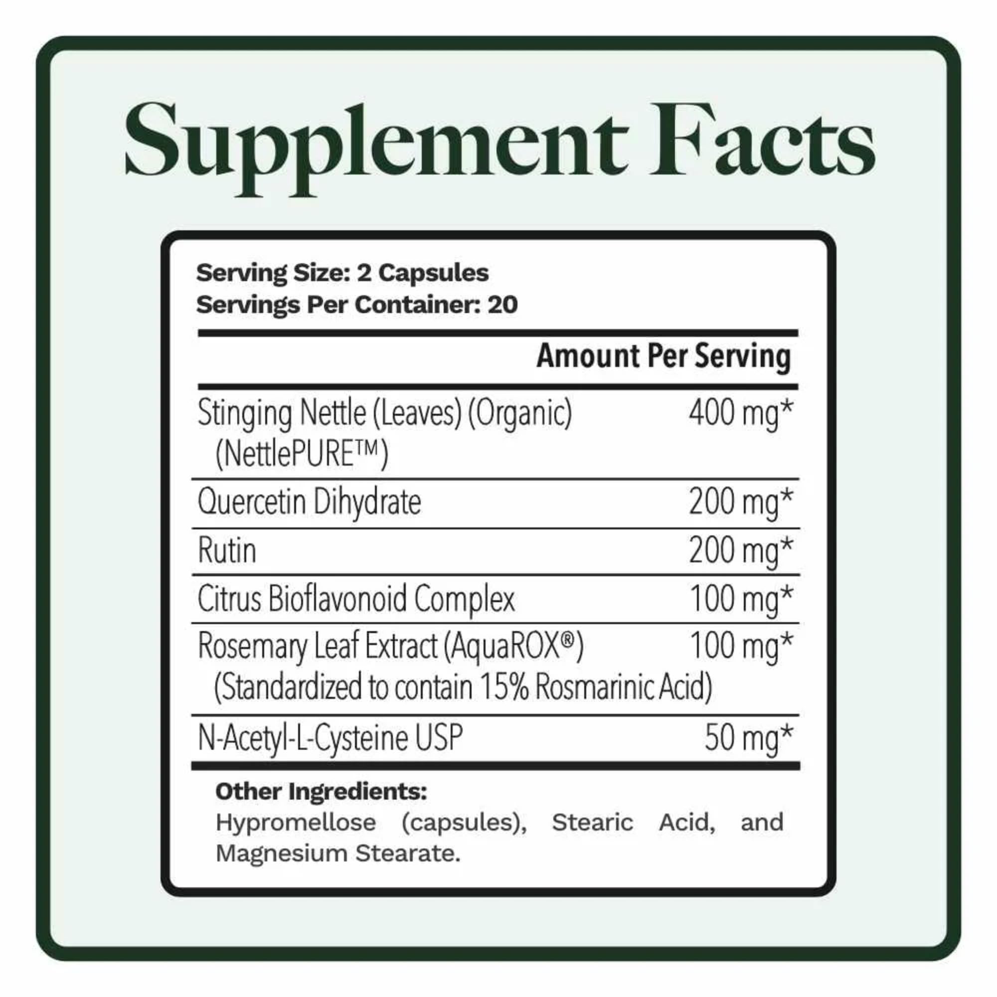 Utzy Naturals Allurtica Nettle Capsules back view with ingredient list