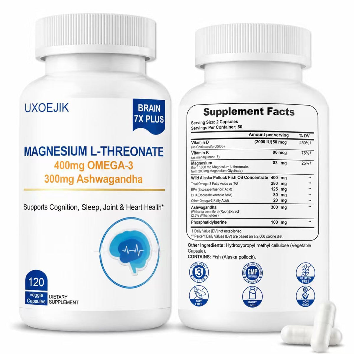 UXOEJIK Magnesium L-Threonate supplement front view with 60 capsules