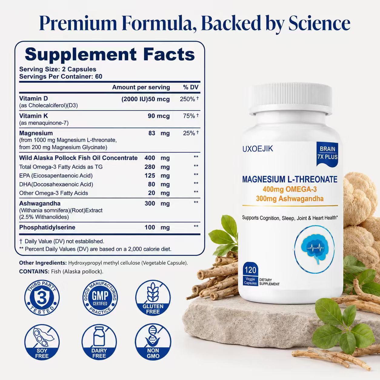 UXOEJIK Magnesium L-Threonate supplement side view showing capsule details