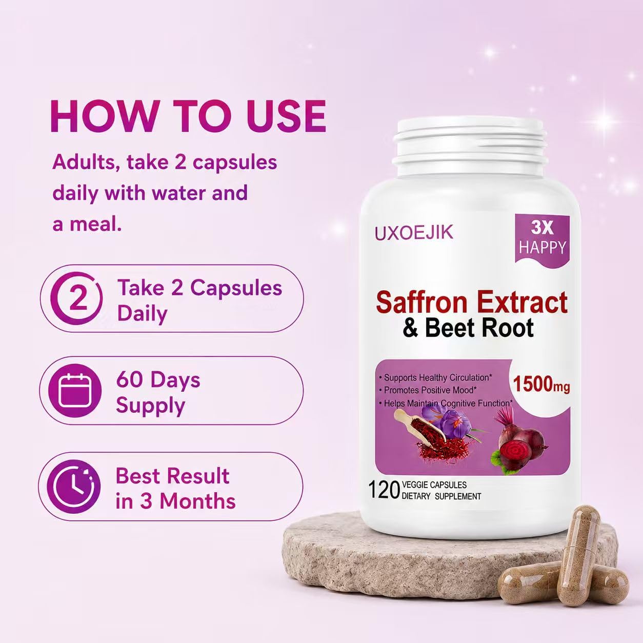 UXOEJIK Organic Saffron Supplement 100mg packaging details