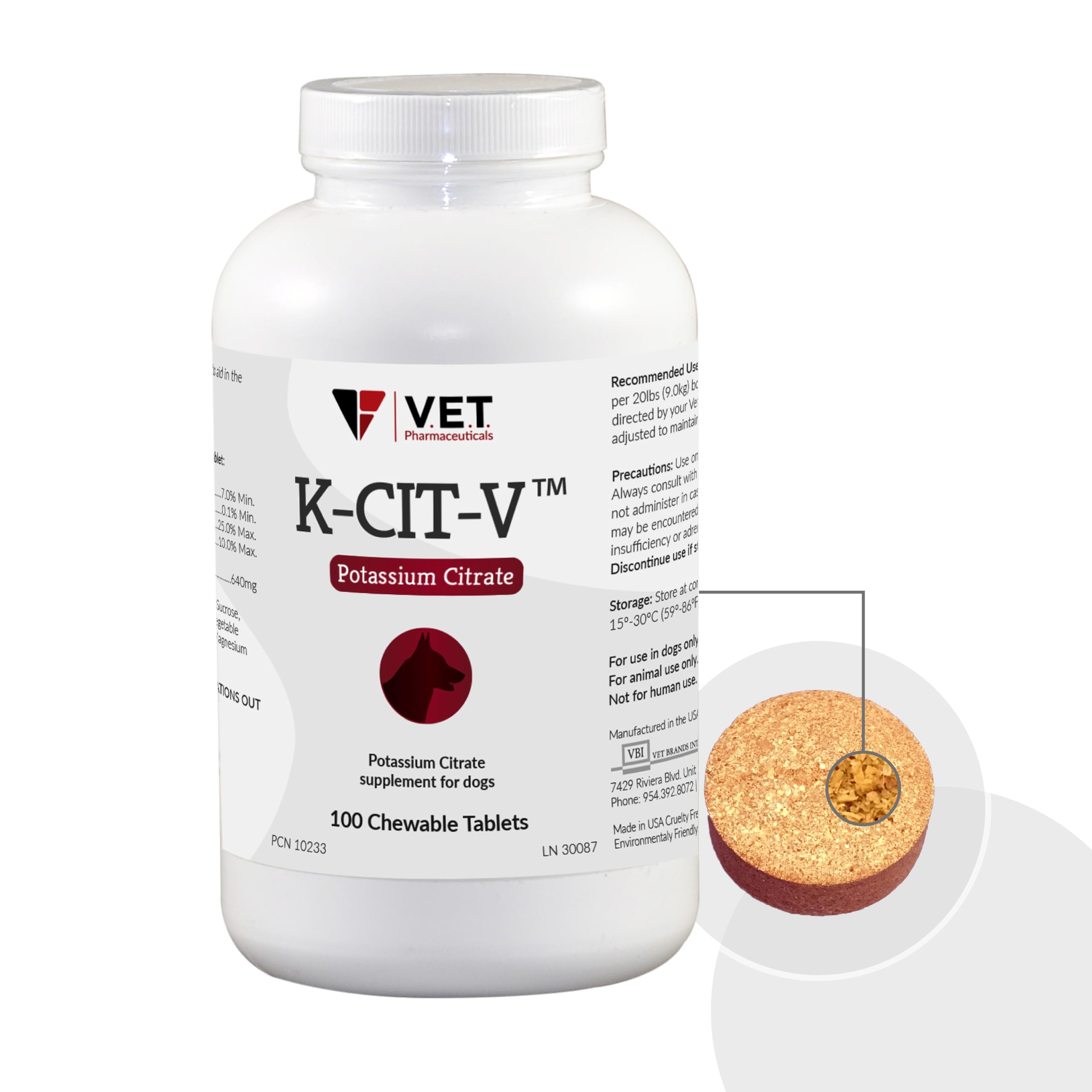 V.E.T. K-CIT-V Potassium Citrate Tablets on a wooden table