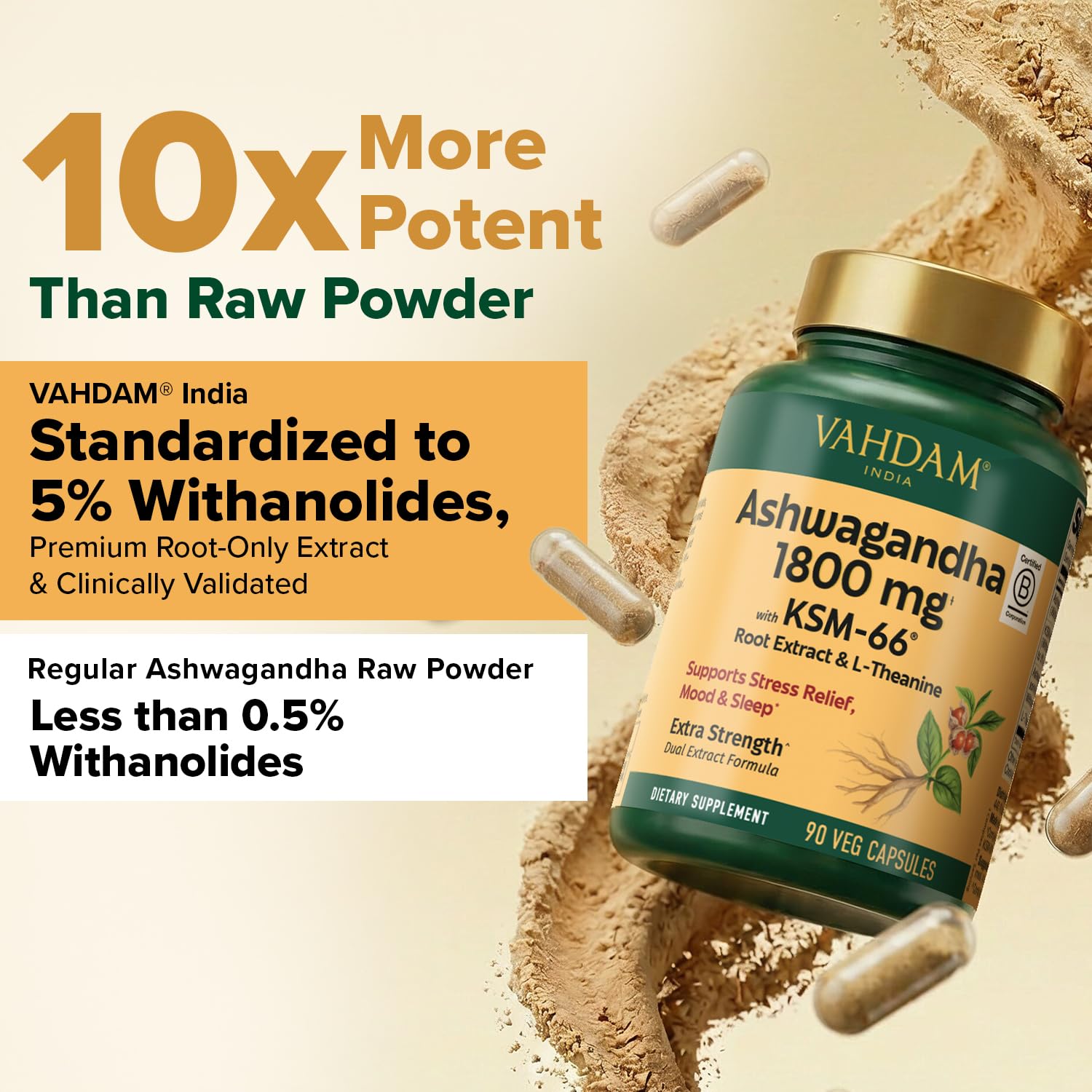 VAHDAM Ashwagandha Capsules 1800mg close-up of capsule