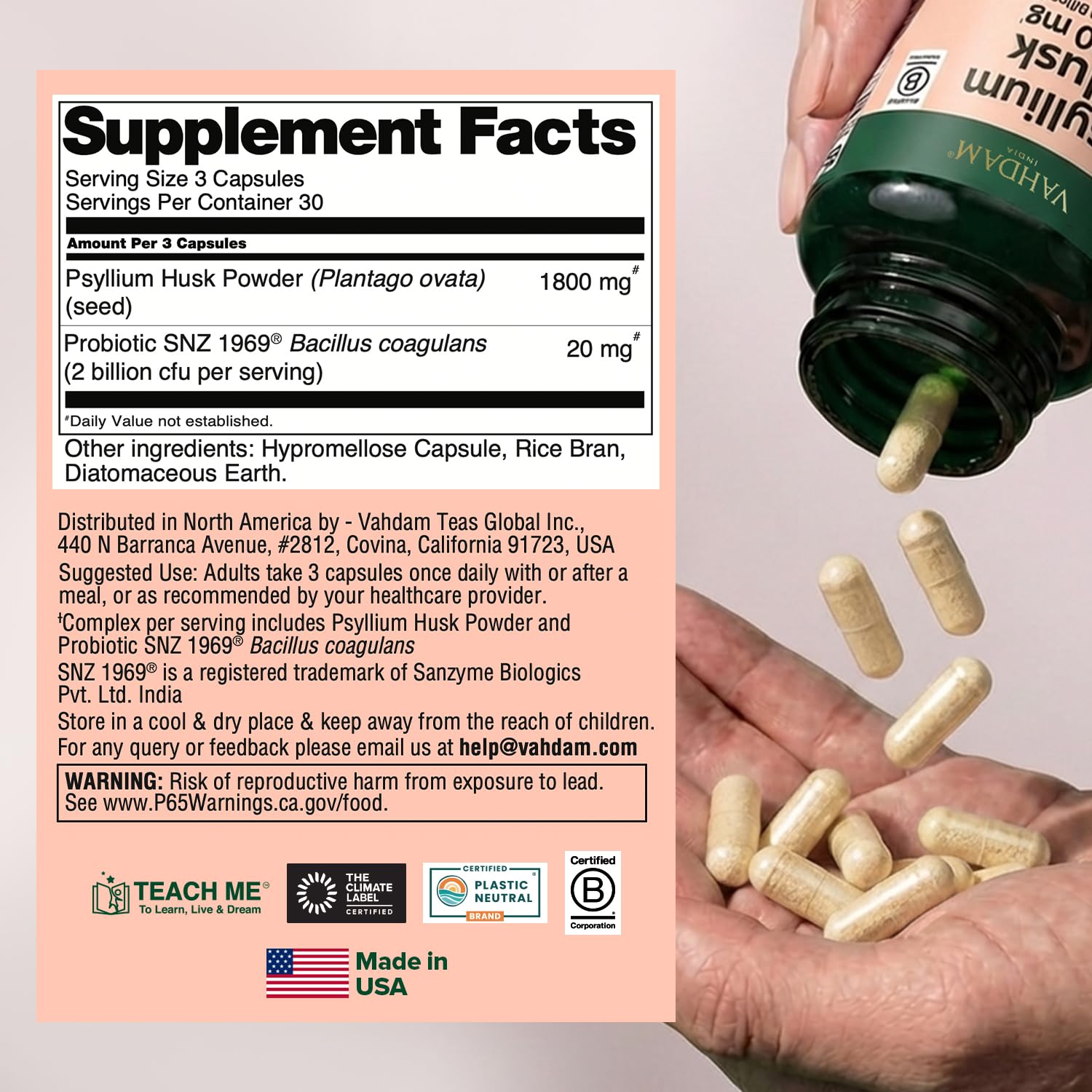 VAHDAM Psyllium Husk Capsules on a wooden table