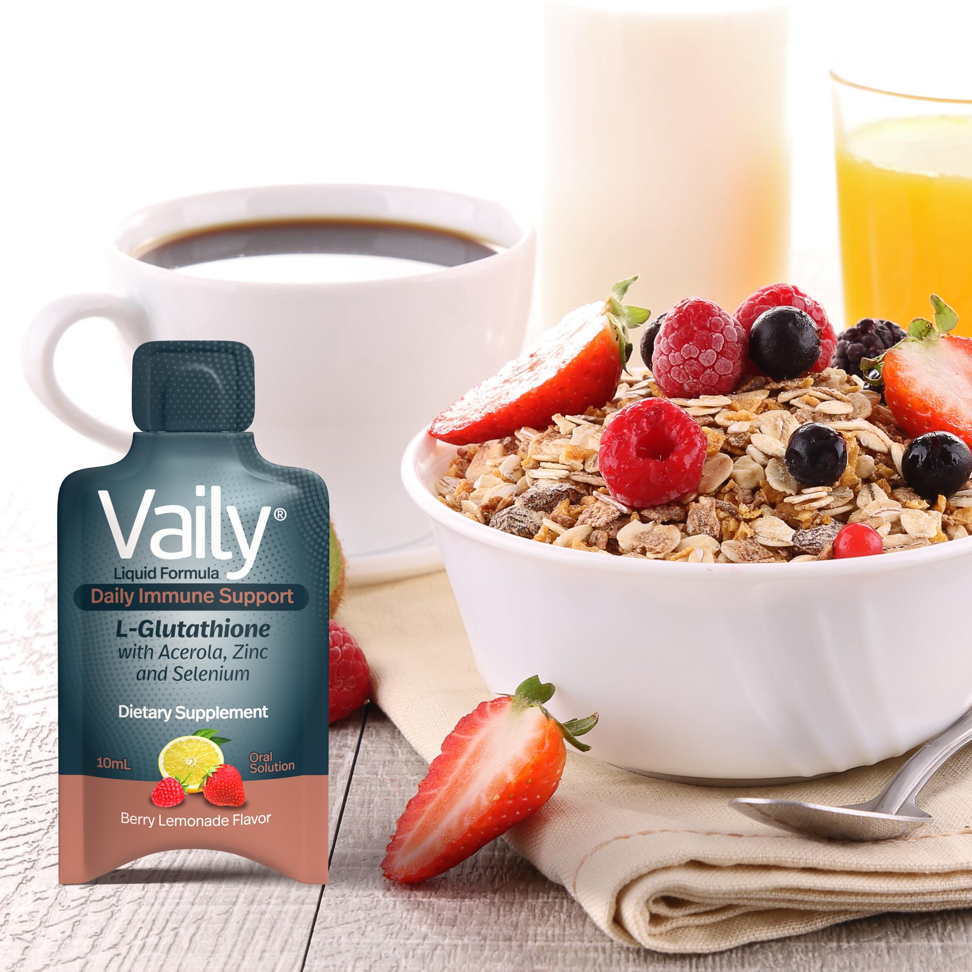 Vaily Liquid Glutathione Supplement vials on a wooden table